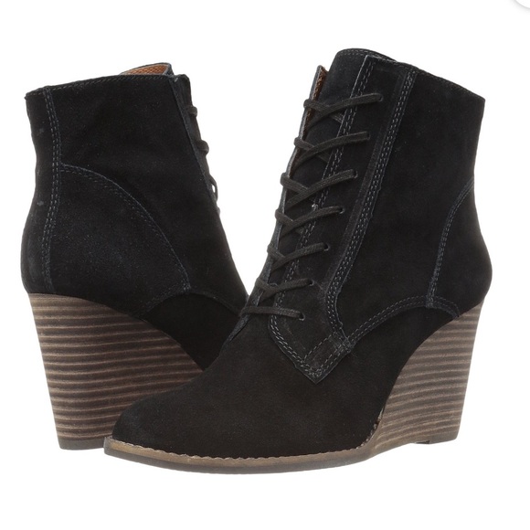 Lucky Brand Yelloh Round Toe Suede‎ black lace up wedge Bootie womens size 8.5 - Picture 1 of 14